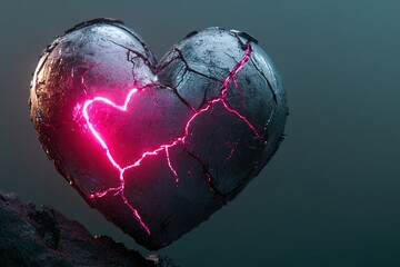 Poster - Cracked chrome heart design glowing with pink neon light, perfect for Valentine's Day celebration and romantic messages in a modern artistic style