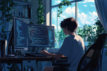 Young coder working from home on multiple screens, programming against a stunning city sunset
