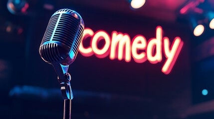 Poster - Close up of a vintage microphone standing on a stage, bathed in the colorful glow of a neon comedy sign, ready for a stand up performance in a comedy club or open mic night