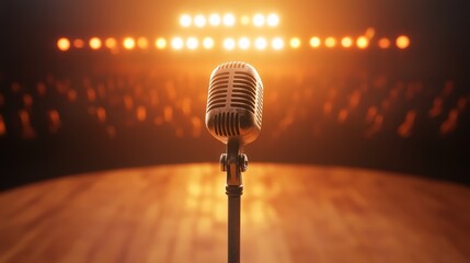 Aufkleber - Vintage microphone standing center stage, illuminated by warm lights, creating an inviting atmosphere for a singer, comedian, or speaker ready to engage and entertain the audience