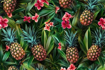 Poster - Vibrant tropical seamless pattern with pineapples and blooming flowers set against lush green foliage. Generative AI