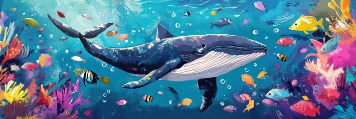 Poster - A majestic whale swims gracefully among vibrant fish in a colorful underwater landscape filled with coral. Generative AI