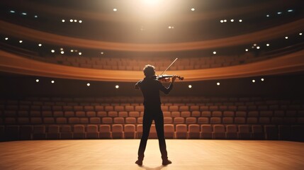 Leinwandbilder - Talented violinist playing a beautiful melody on stage in an empty auditorium, illuminated by warm light, creating a captivating atmosphere of anticipation for an upcoming performance