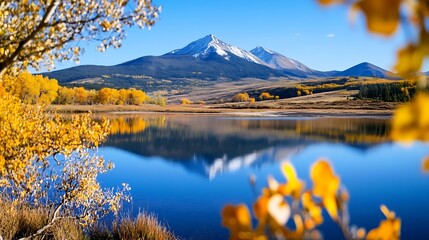 Poster - breathtaking autumn mountain landscape reflecting in tranquil lake with golden foliage : generative 