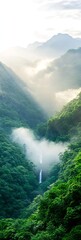 Poster - Majestic Waterfall Cascading through Deep Verdant Valley Mist : Generative AI