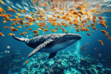 Poster - Majestic whale swims gracefully through vibrant school of colorful fish in clear ocean waters. Generative AI