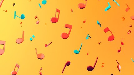 Poster - Colorful music notes are falling on an orange background, creating a vibrant and dynamic visual representation of singing, sound recording, and musical expression
