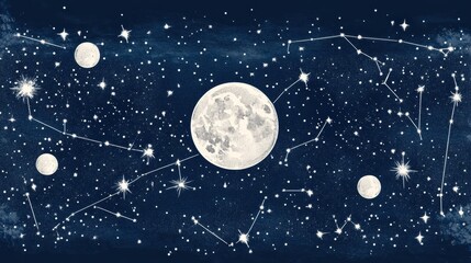 Poster - Enchanting starry night sky adorned with constellations and a luminous full moon illuminating the darkness. Generative AI