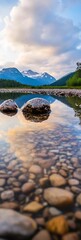 Poster - Tranquil Mountain Lake Reflection at Sunrise with Rocky Shores : Generative AI