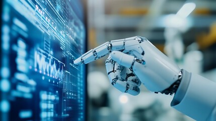 Leinwandbilder - Futuristic robotic hand interacting with digital interface for advanced AI and technology innovation : Generative AI
