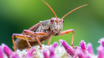 Poster - Colorful Grasshopper on Blossom with Vibrant Background in Detailed Macro View : Generative AI