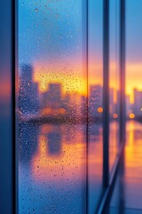 Wall Mural - Water droplets on glass, city sunset view.