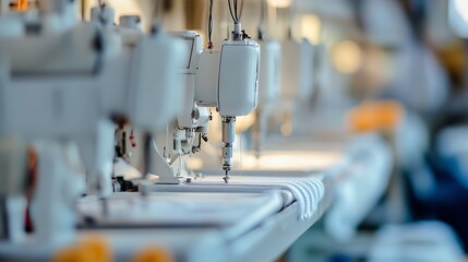 Poster - Row of Industrial Sewing Machines Focused on Textile Production in Factory Setting : Generative AI