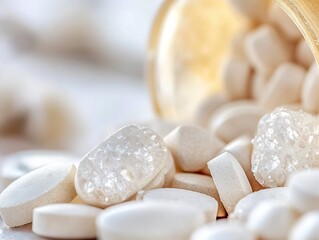 Poster - Closeup of White Pills and Medicine Tablets on a Soft Background : Generative AI
