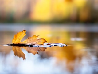Poster - Solitary Autumn Leaf Floating on Water with Reflected Golden Sunlight in Tranquil Pond : Generative AI