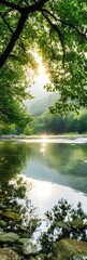 Poster - Serene River Landscape With Lush Green Forest And Sunlit Water Surface : Generative AI