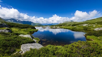 Poster - Pristine Alpine Lake with Lush Greenery and Blue Skies in a Tranquil Mountain Landscape : Generative AI