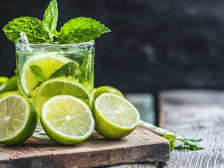 Poster - Refreshing Mojito Cocktail with Lime Mint on Wooden Table for Summer Parties : Generative AI