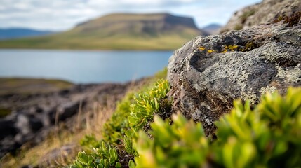 Poster - Scenic Landscape with Green Foliage and Rocky Shore by a Serene Lake in the Background : Generative AI