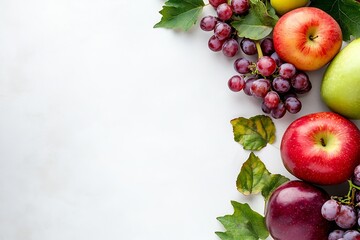 Poster - Variety of Fresh Colorful Fruits and Green Leaves Composition on White Background : Generative AI