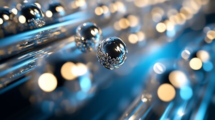 Poster - Abstract Close-up of Metallic and Glass Spheres with Blue Bokeh : Generative AI