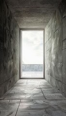 Poster - Stunning view of an empty room with textured stone walls framed by a large rectangular window