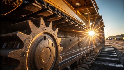 Poster - A closeup capture of heavy machinery with the sun creating bright highlights on the metal surfaces while deep shadows fall away showcasing the machinerys imposing presence.