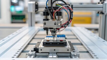Aufkleber - A closeup captures a programmable robot carefully assembling components of a prefabricated module with wires and connectors being joined seamlessly. The image highlights the