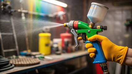 Poster - A closeup captures the intensity in the paint sprayers trigger hand revealing the contrast of the vibrant paint against the muted colors of the work environment around them.