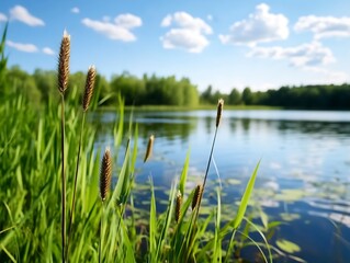 Poster - Scenic lake view with reeds and blue sky capturing nature's tranquility : Generative AI