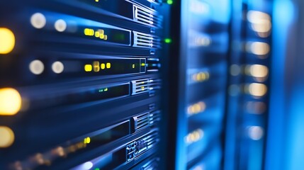 Poster - Server Room with Rows of Servers Illuminated by Blue LED Lights in a Data Center : Generative AI