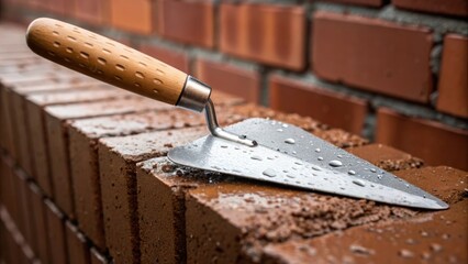 Poster - A closeup image of a brick trowel with a gleaming stainless steel blade resting on freshly mixed mortar droplets of water glistening on the surface highlighting its importance in