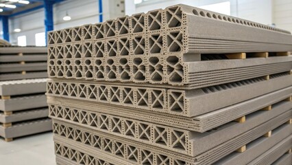 Poster - A closeup of 3Dprinted building materials stacked neatly showcasing the innovative and efficient fabrication ods that reduce waste and enhance sustainability in the construction