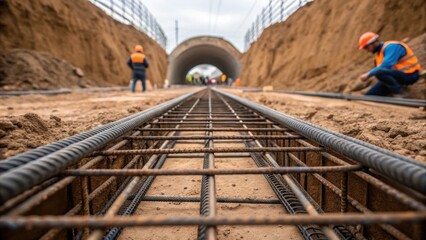 Aufkleber - A closeup of a andcover tunnel under construction revealing exposed soil and reinforcing steel rebar with workers preparing to lay concrete forms just before pouring.