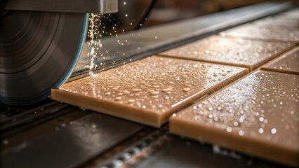Poster - A closeup of a ceramic tile being sliced with a wet saw the water glistening as the blade smoothly s through creating fine droplets that catch the light.