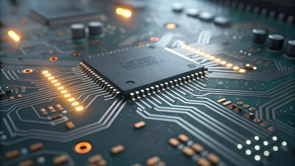 Aufkleber - A closeup of a circuit board filled with intricate pathways and microchips highlighting the fine details and textures of the components paired with glowing LED lights that