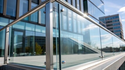 Fototapete - A closeup of a clear glass panel reflecting light and creating a play of transparency and reflection emphasizing the modern architectural trend of integrating large windows into