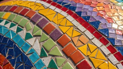 Aufkleber - A closeup of a colorful mosaic of ceramic tiles each piece glinting with a unique hue the glossy surfaces reflecting light in various angles creating a dynamic pattern that