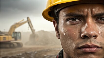 Poster - A closeup of a construction workers face beads of sweat across their brow showing determination and concentration as they operate heavy machinery in the background.