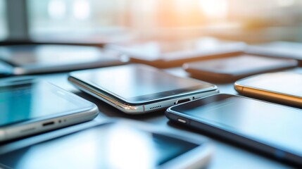 Aufkleber - Closeup of modern smartphones laid out on a table with daylight reflections symbolizing connectivity and technology : Generative AI