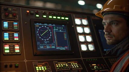 Aufkleber - A closeup of a digital control console displaying critical data and schematics the glow of screen lights illuminating the determined face of a technician monitoring construction