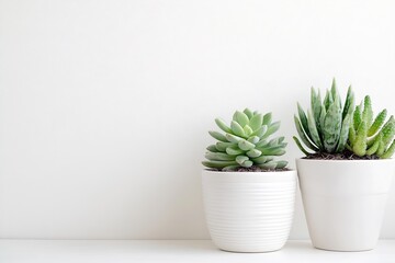 Poster - Minimalist White Ceramic Pots with Green Succulents on a Clean White Background : Generative AI