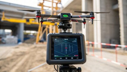 Poster - A closeup of a drone scanning the construction site with laser technology with data points illuminated on the screen of a connected device highlighting topographical features and