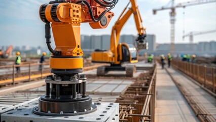 Fototapete - A closeup of advanced machinerysuch as a robotic arm and automated mixersoperating on a construction site emphasizing automations role in increasing efficiency and safety in the