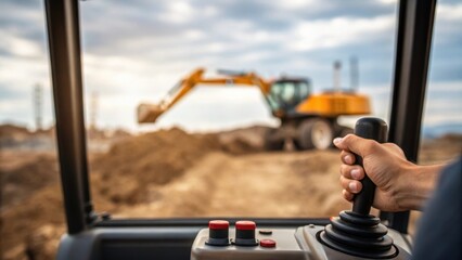 Aufkleber - A closeup of a heavy machinery operators hand on the controls with a blurred backdrop of an excavator digging into the earth conveying the power and precision of the equipment in