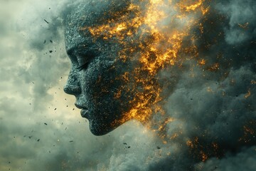 Wall Mural - Fiery, stone face dissolving in smoke.