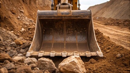 Aufkleber - A closeup of a large excavators bucket digging into the earth with piles of soil and rock being pushed aside showcasing the raw power of machinery in dam construction.