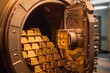 © Виталий Борковский - Gold bars stacked neatly inside a secure vault with a metallic door ajar in a dimly lit environment