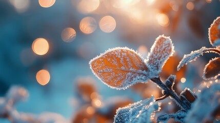 Wall Mural - Frozen leaves glowing in winter sunset with bokeh effect