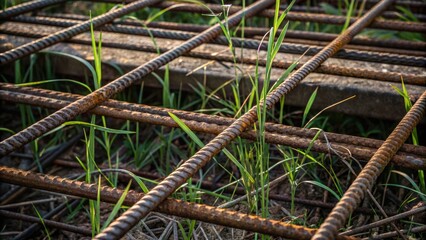 Aufkleber - A closeup of a metal rebar framework entwined with weeds and grasses showcasing the intersection of industrial progress and the persistent efforts of nature to reclaim its